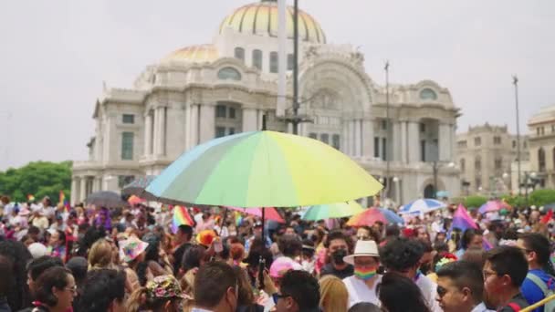 Large Rainbow Coloured Umbrella Seen Pride Parade Palacio Bellas Artes — Stock videók