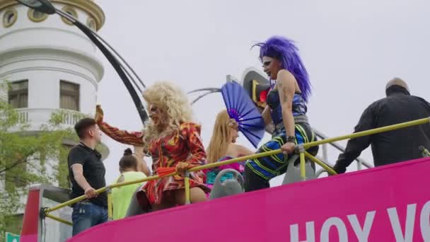 Transwomen Waving Crowds Double Decker Bus Going Pride Parade Mexico — Stockvideo