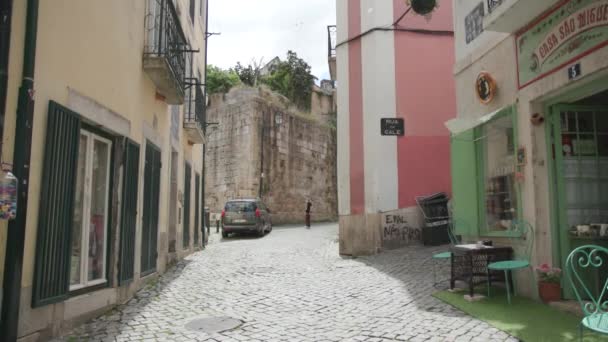 Few Pedestrians Walk Quiet Street Alfama Lisbon Portugal Covid — Stock videók