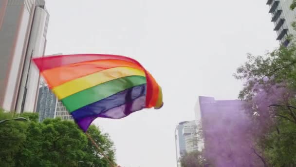 Большой Лгбт Флаг Развевается Воздухе Фиолетовым Дымом Поднимающимся Заднем Плане — стоковое видео