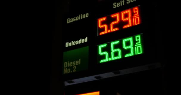 Gas Station Prices Led Light Sign Regular Diesel Fuel Night — Stock Video