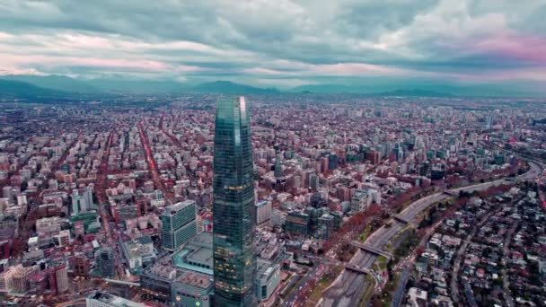 Aerial View Providencia Santiago Chile Costanera Tower Cloudy Sunset Background — Stockvideo