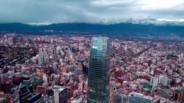 Pan Left Aerial View Providencia Santiago Chile Snowy Andes Mountain — Stockvideo