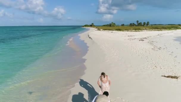 Γαμπρός Βοηθά Νύφη Προσαρμόσει Νυφικό Λευκή Άμμο Παραλία Αεροφωτογραφία Από — Αρχείο Βίντεο