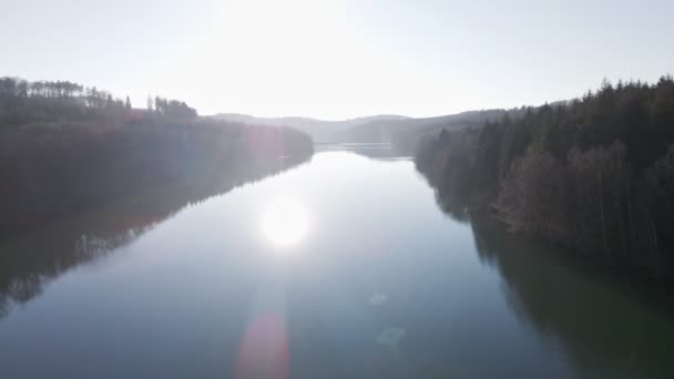 Drone Flight Low Sun Blue Fresh Water Reservoir Brown Forest — ストック動画