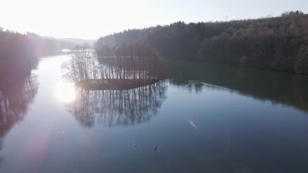 Aerial Fly Shot Tiny Island Covered Leafless Trees Sunset — Stockvideo