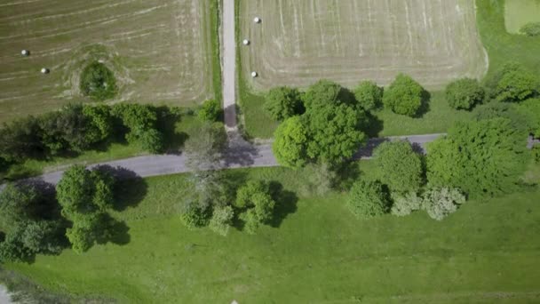 Estrada Campo Vazia Com Campos Agrícolas Rolos Feno Neles — Vídeo de Stock