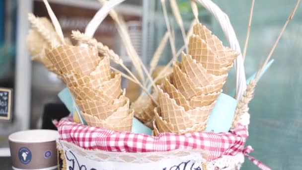 Empty Ice Cream Cones Stacked Basket Shop Close Shot — 图库视频影像