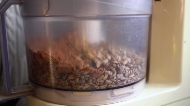 Close Food Processor Blending Raw Ingredients Baking Cookies Slow Motion — Vídeo de Stock