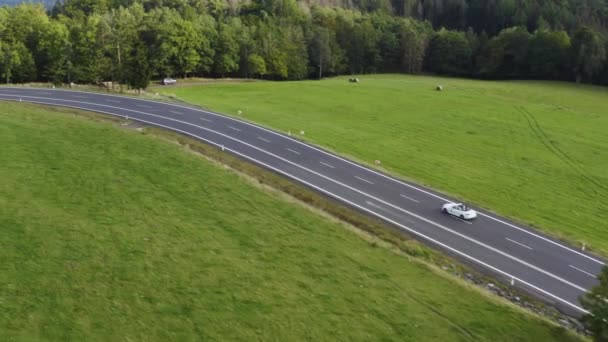 Cars Driving Bending Countryside Highway Czechia Drone Shot — Stock Video