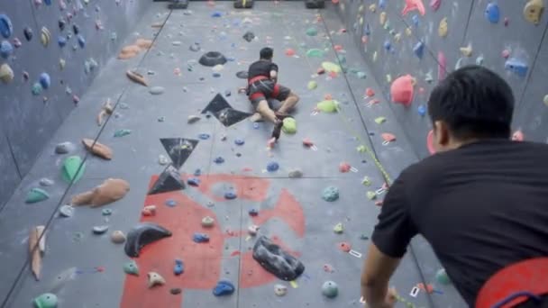 Asiático Hombre Abajo Amigo Alto Roca Escalada Pared Interior Gimnasio — Vídeo de stock