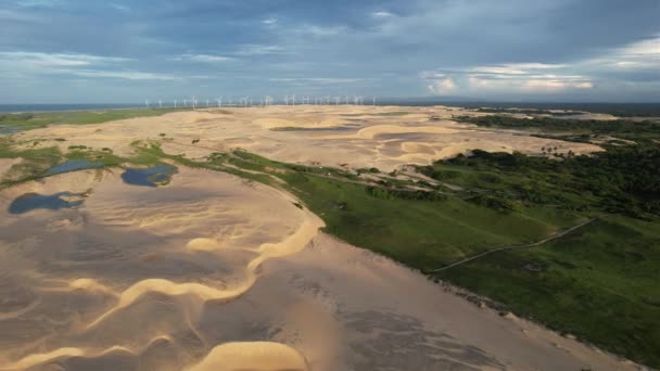 Beautiful Drone Take Paradise Beach Middle Dunes Wind Turbines Background — Stock video