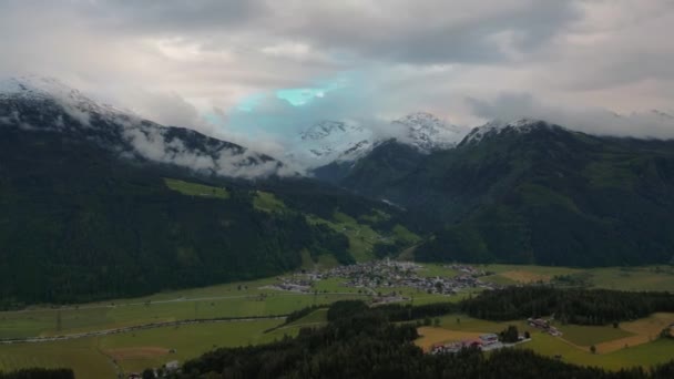 Aerial Drone Hyper Time Lapse Mountain Valley Austrian Alps Fields — Video