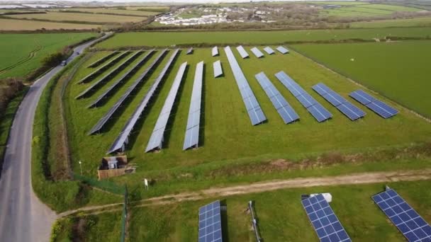 Solar Farm Panels Side View Light Reflects Road — Video