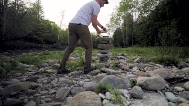 Frustrated Male Hiker Knocks Natural Rock Pile Final Rock Placed — Wideo stockowe