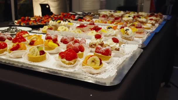 Dessert Buffet Sweets Delicious Fruitcakes Table Trays Waiting Eaten — Stockvideo