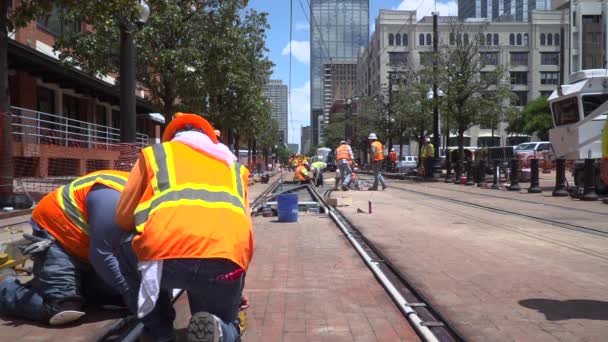 Slow Motion Clip Workers Fixing New Railroad Track Other Workers — Stock video