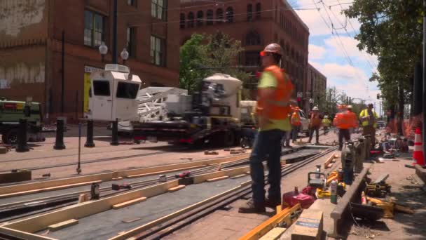 Time Lapse Video Construction Workers Laying New Railroad Tracks City — Vídeos de Stock