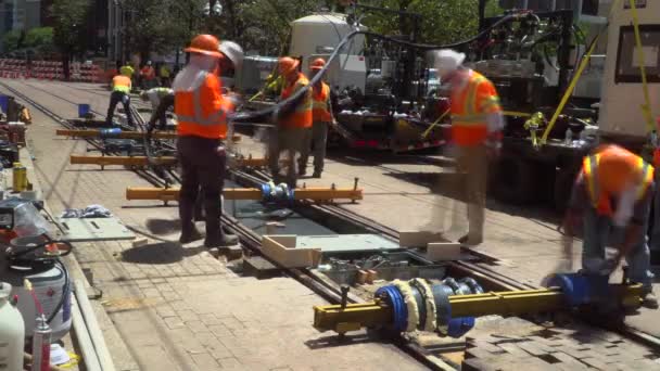 Time Lapse Video Workers Laying New Concrete New Railroad Tracks — Video