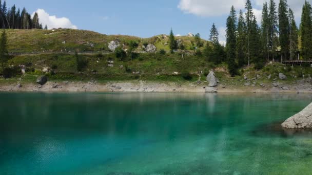 Lake Carezza Dolomites Trentino Alto Adige Filmed Dji Mavic Pro — Vídeos de Stock