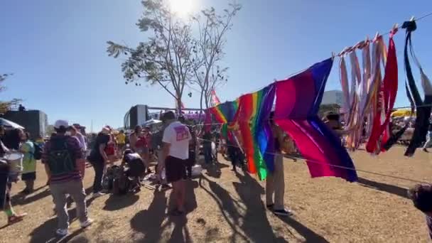 Sliding Shot Group Visitors Passing Rope All Kind Rainbow Colored — Stockvideo