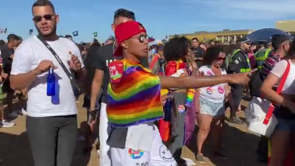 Man Dressed Rainbow Flag Dances Happily Gay Pride Parade Brasilia — Stok Video