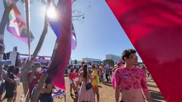 Sliding Shot Going Mass Visitors Colorful Flags Hanging Ropes Gay — Wideo stockowe