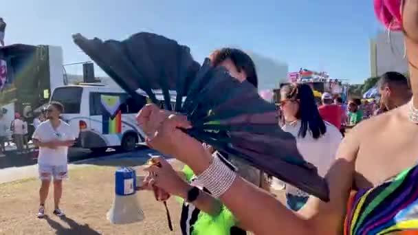 Close Shot Colorful Visitor Gay Pride Parade Who Dances Waves — Stock videók