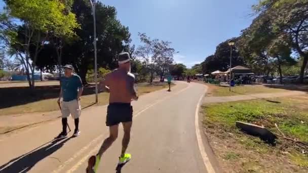 Imagens Deslizantes Seguem Estrada Com Corredores Caminhantes Parque Cidade Brasília — Vídeo de Stock