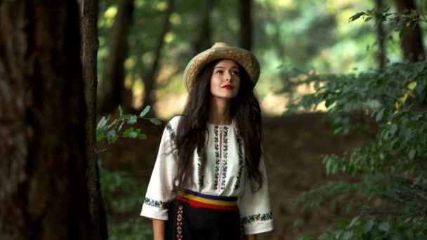 Ρουμανικό Κορίτσι Περπατά Μέσα Από Δάσος — Αρχείο Βίντεο