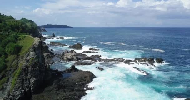 Drone Flight Rocky Coastline Waves Break Foaming Rocks Shores — Video