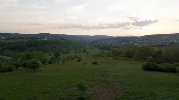 Wide Angle Aerial Footage Lush German Countryside Spring Sunset — Stockvideo