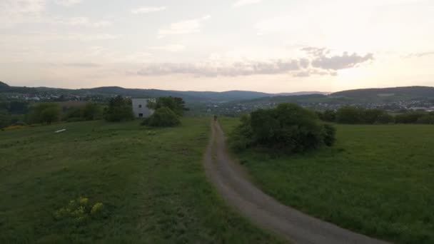 Biker Sitting His Parked Blue Motorcycle End Dirt Road Countryside — 图库视频影像