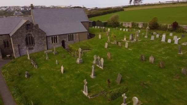 Aerial Swoop Crantock Churchyard Cemetery Graveyard — Video Stock