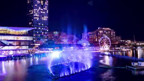 Time Lapse Water Fountain Show Sydney Darling Harbour Vivid Festival — Stockvideo