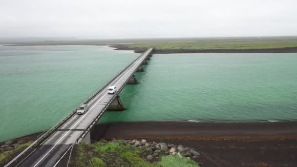 Bridge Water Iceland Car Driving Drone Video — Stockvideo