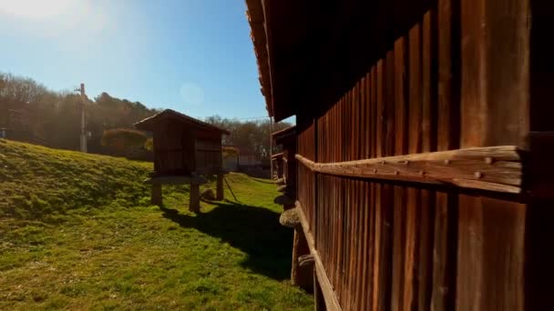 美塞苔丝的一座西班牙城镇木制粮仓建起 娃娃般的在阳光明媚的日子里 — 图库视频影像