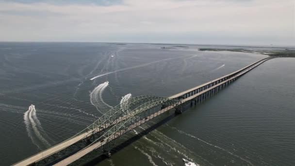 Aerial View Great South Bay Bridge Cloudy Morning Drone Camera — 비디오