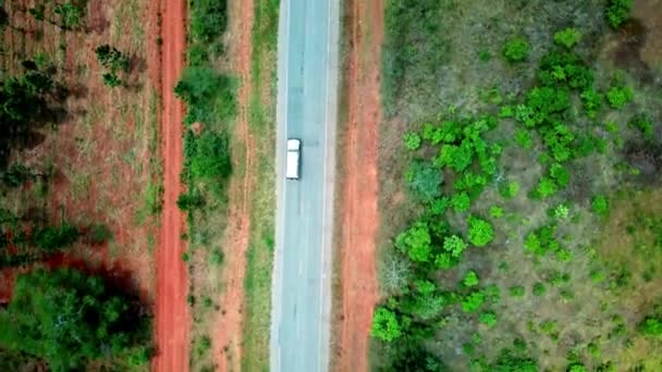 Overhead View White Van Driving Empty Road Aerial — Stockvideo