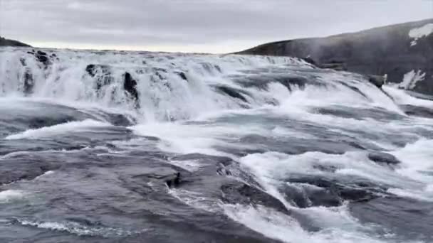Iceland Gullfoss Waterfall Static Shot Rushing Water Flowing — ストック動画