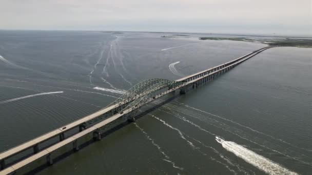 Aerial View Great South Bay Bridge Cloudy Morning Drone Camera — Stock Video