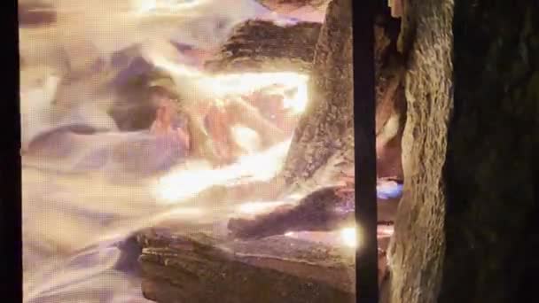 Shot Vertical Power Fireplace Flames Burning Intensely Lateral Movement Final — Stockvideo