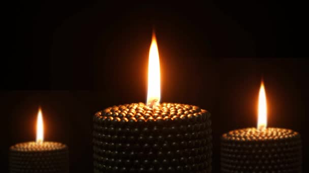 Three Romantic Calm Candles Lighting Deep Darkness Night Looped — Stockvideo