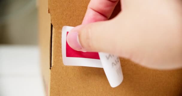 Hands Applying Made Tunisia Flag Label Shipping Cardboard Box Products — Vídeo de Stock