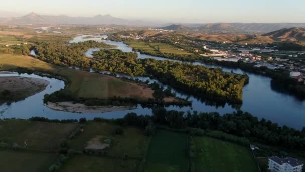 Cinematic Drone Shot Sunset City Shkoder Shkoder Castle Rozafa Albanian — Wideo stockowe