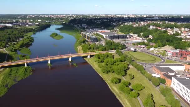Kaunas Lithuania Aerial View Bridge Traffic Neris River Shopping Malls — Stockvideo