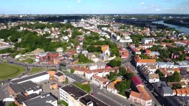 Aerial View Downtown Neighborhood Kaunas Lithuania Buildings Streets Sunny Day — Stok video