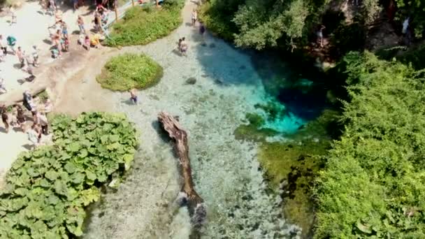 Aerial Shot Blue Eye Albania People Bathing Freshwater Spring Formed — Stock Video
