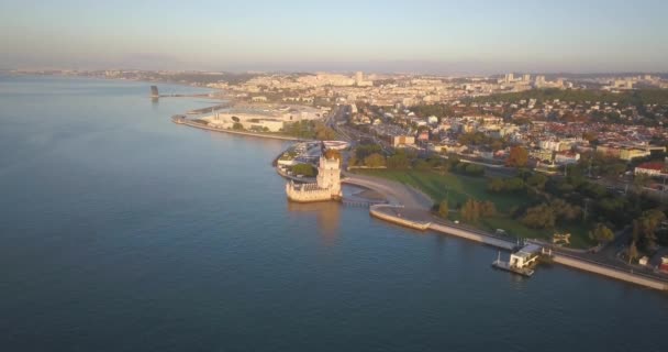 Aerial Orbit Drone Shot Torre Belem Tagus Incredible Sunrise Lisbon — ストック動画