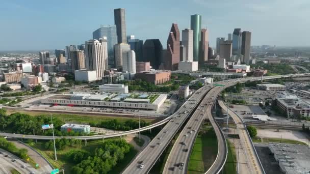 Houston City Skyline Cityscape Urban Center Texas River Traffic Interstate — Video Stock